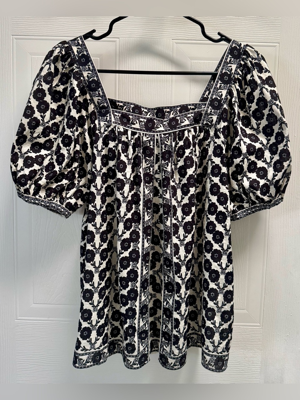 Max Studio Black White Floral Puff Sleeve Cotton Boho Blouse Size S NWT